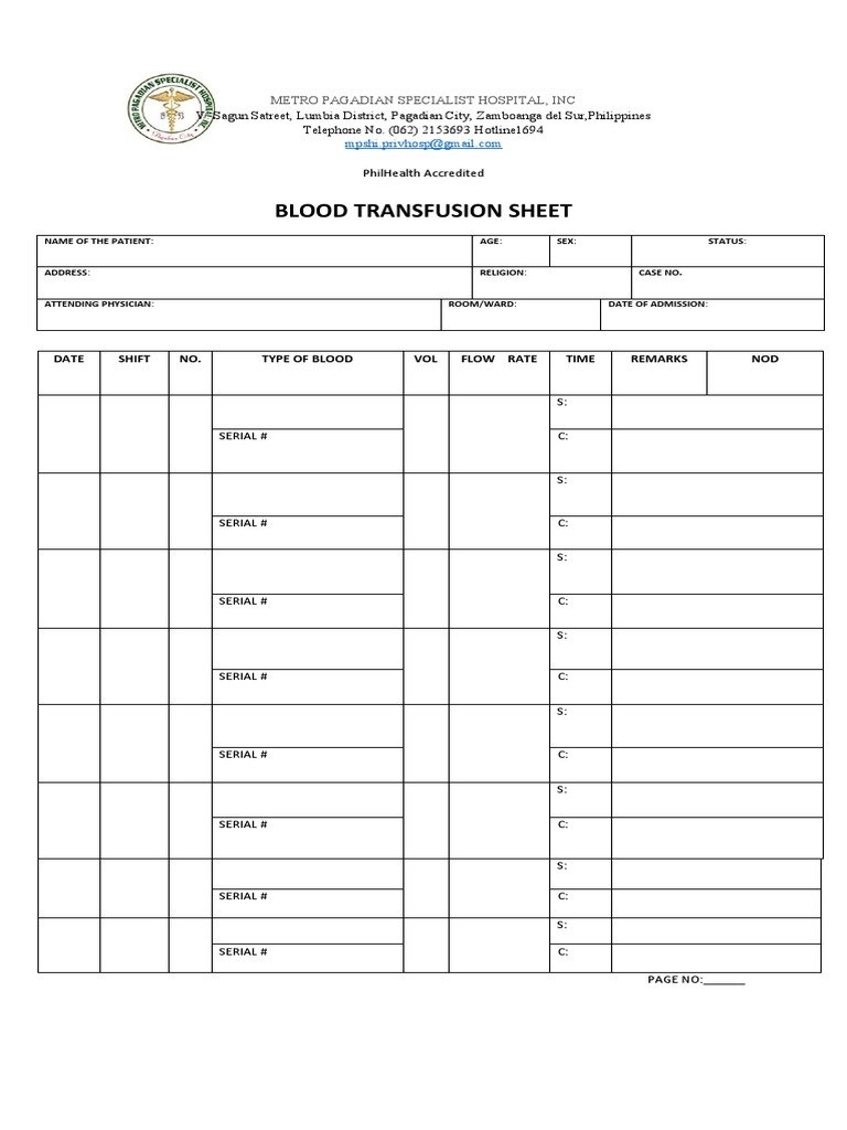 Blood Transfusion Sheet Metro Pagadian Specialist Hospital, Inc PDF Blood Hematology