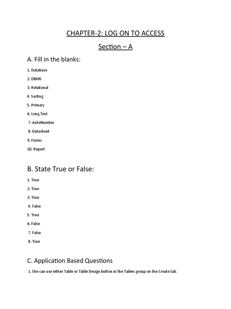 Chapter-2: Log On To Access Section - A: A. Fill in The Blanks | PDF ...