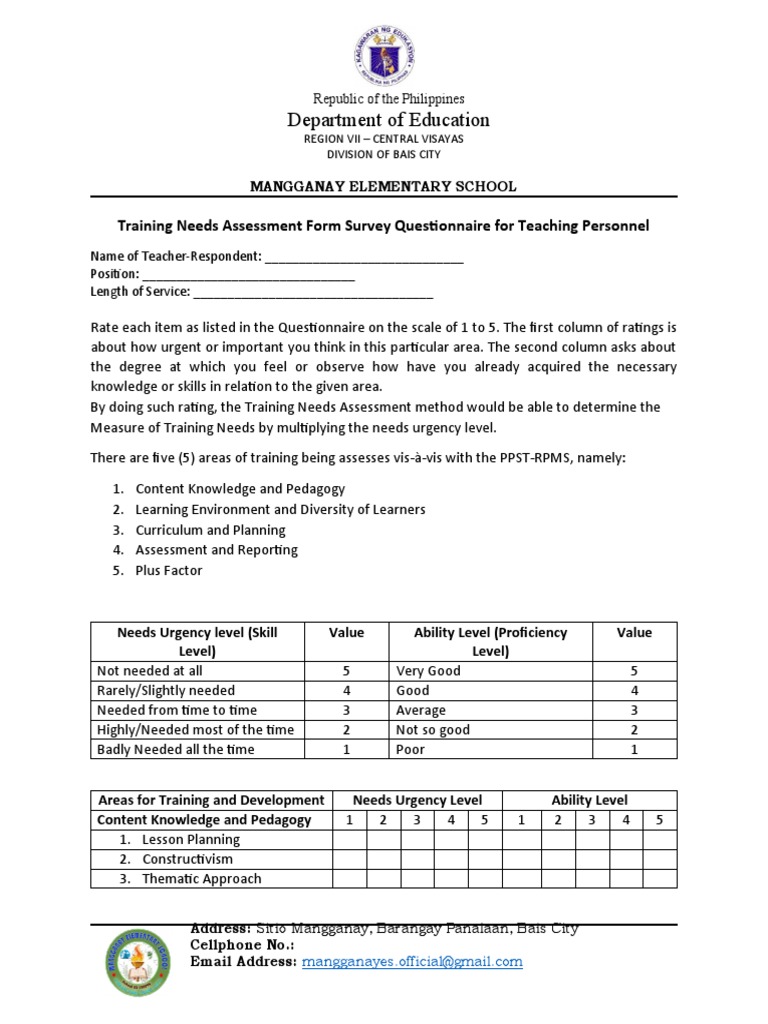 Teacher Training Needs Assessment Form | PDF | Learning | Communication