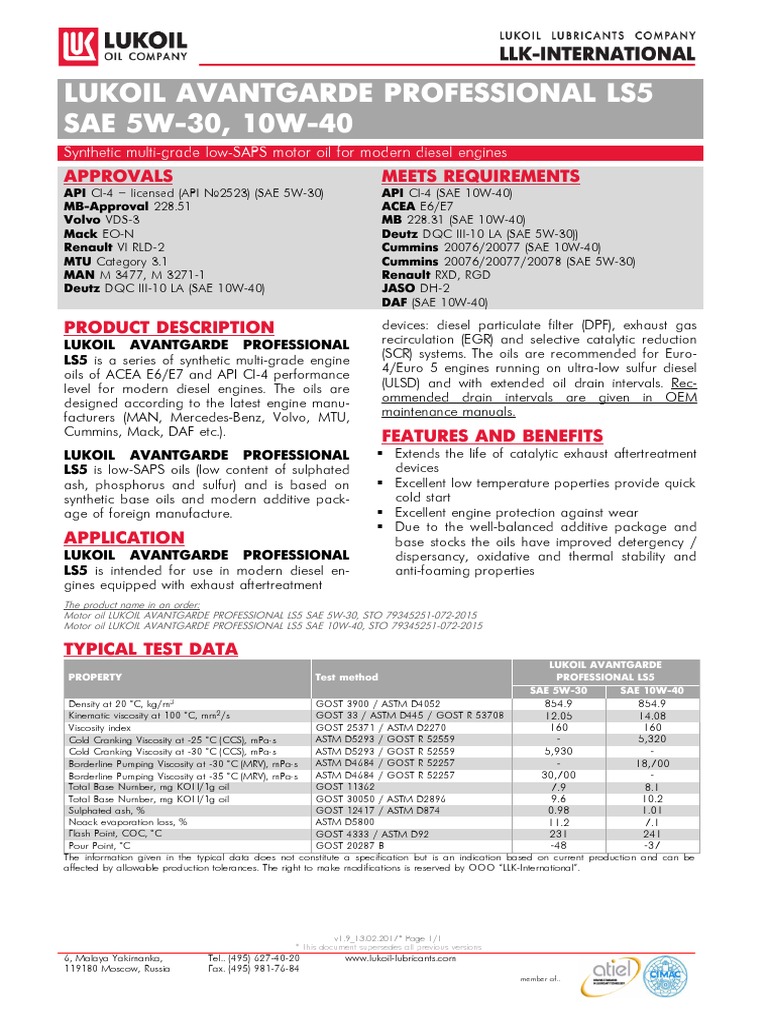 Lukoil Avantgarde Professional Ls5 SAE 5W-30, 10W-40: Approvals Meets ...