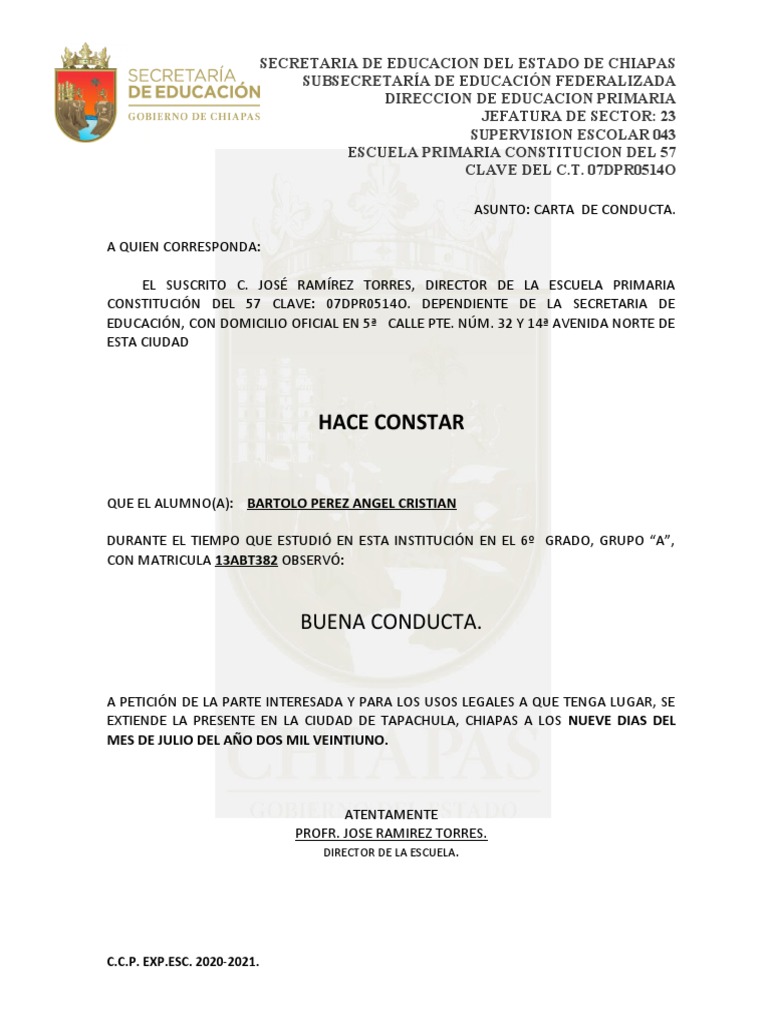 Carta Conducta 6° A 2019-2020 | PDF | Educación primaria | Etapas ...