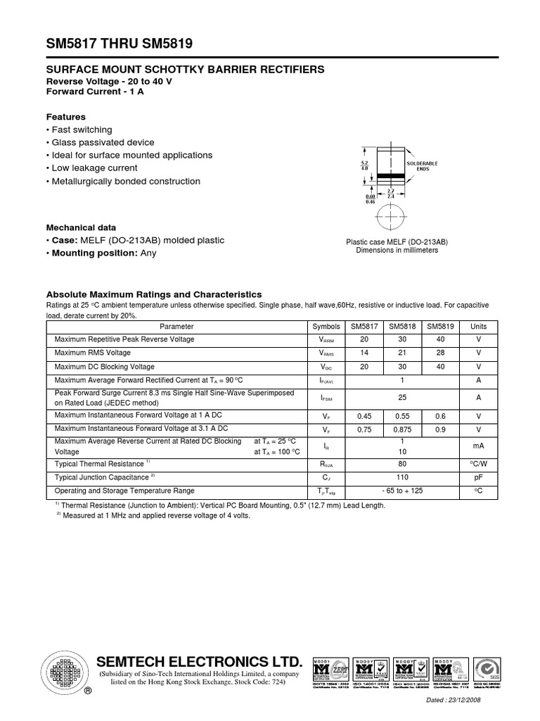 SM5817 THRU SM5819: Surface Mount Schottky Barrier Rectifiers | PDF ...