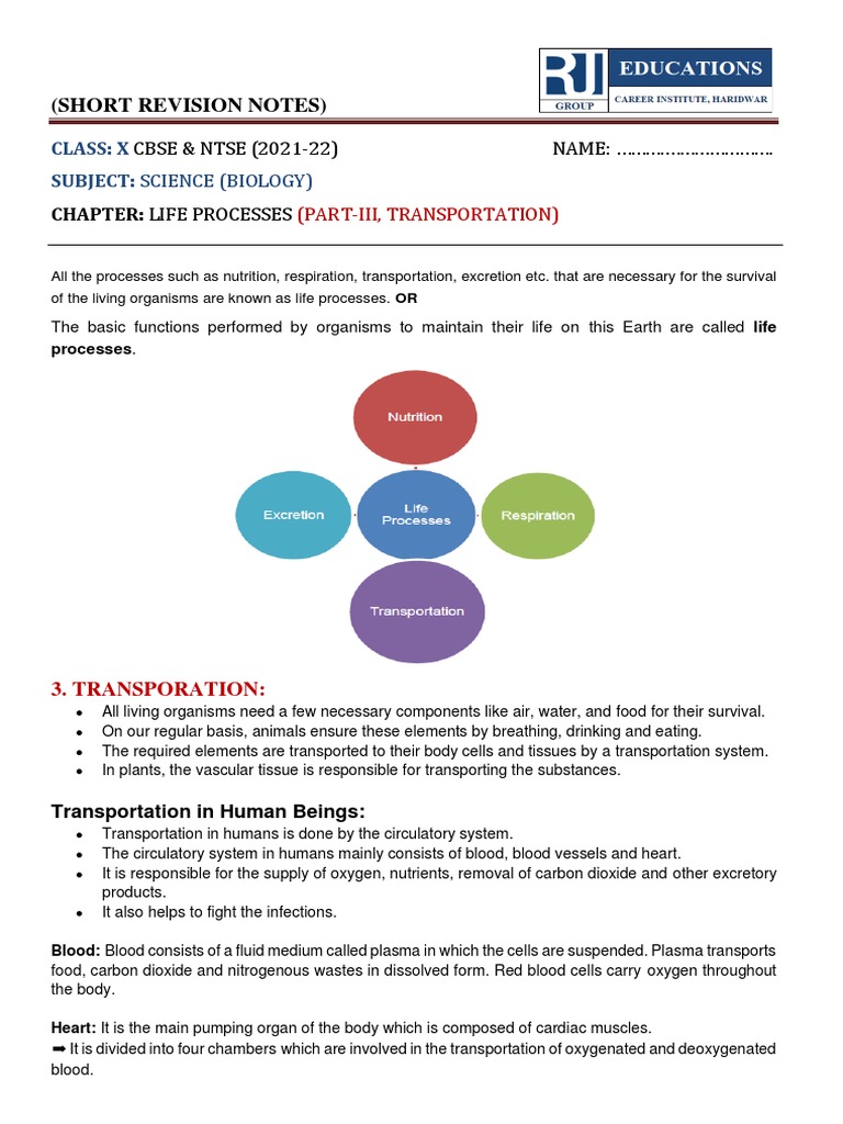 Notes - Life Processes - Transportation - C-X - PART-III | PDF | Heart ...