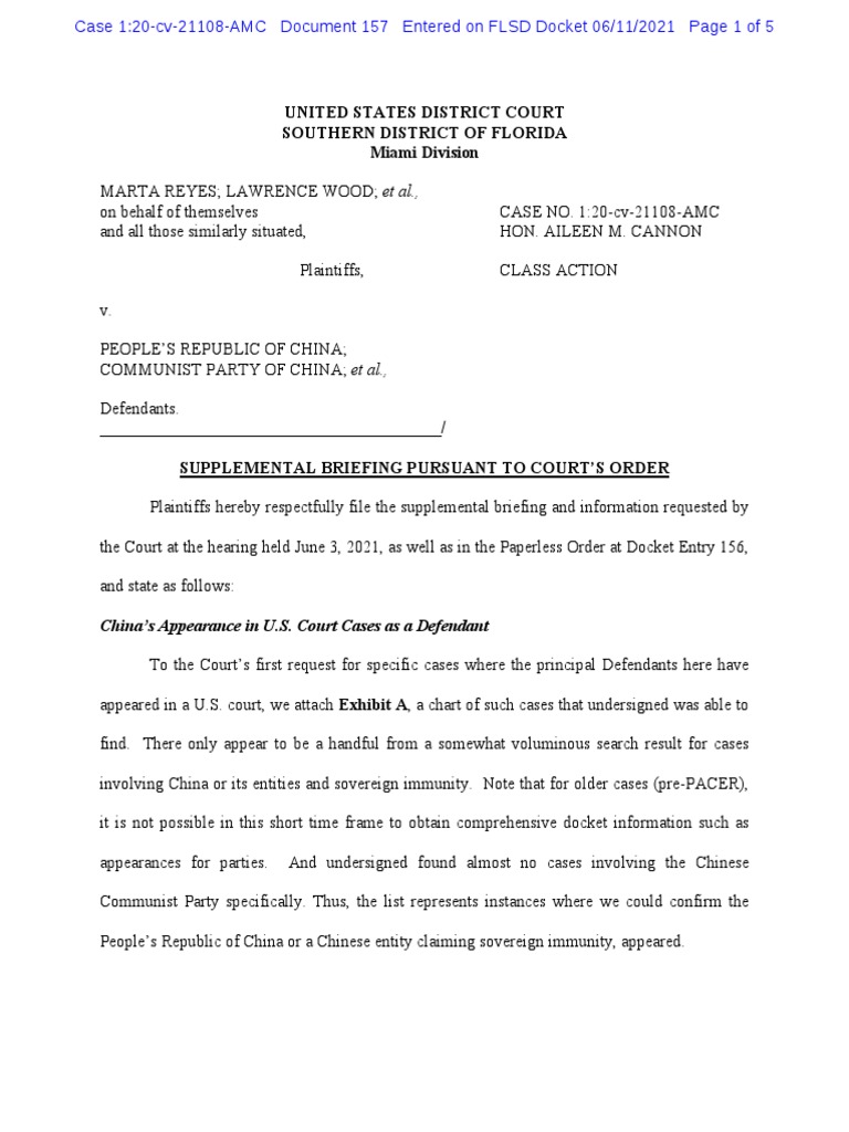 FLORIDA CLASS ACTION ECF 157 Main SUPPLEMENT To 156 Minute Order
