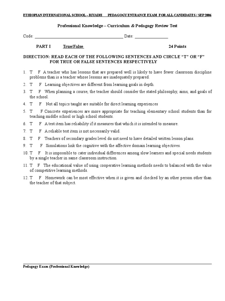 Pedagogy professional Knowledge Teachers Test (Assessment)