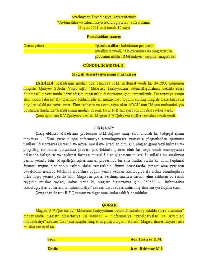 Protokoldan Çıxarış Magistr - QSV | PDF