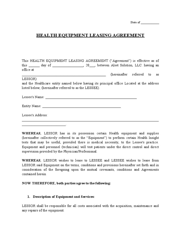 Health Equipment Lease Contract | PDF | Lease | Indemnity