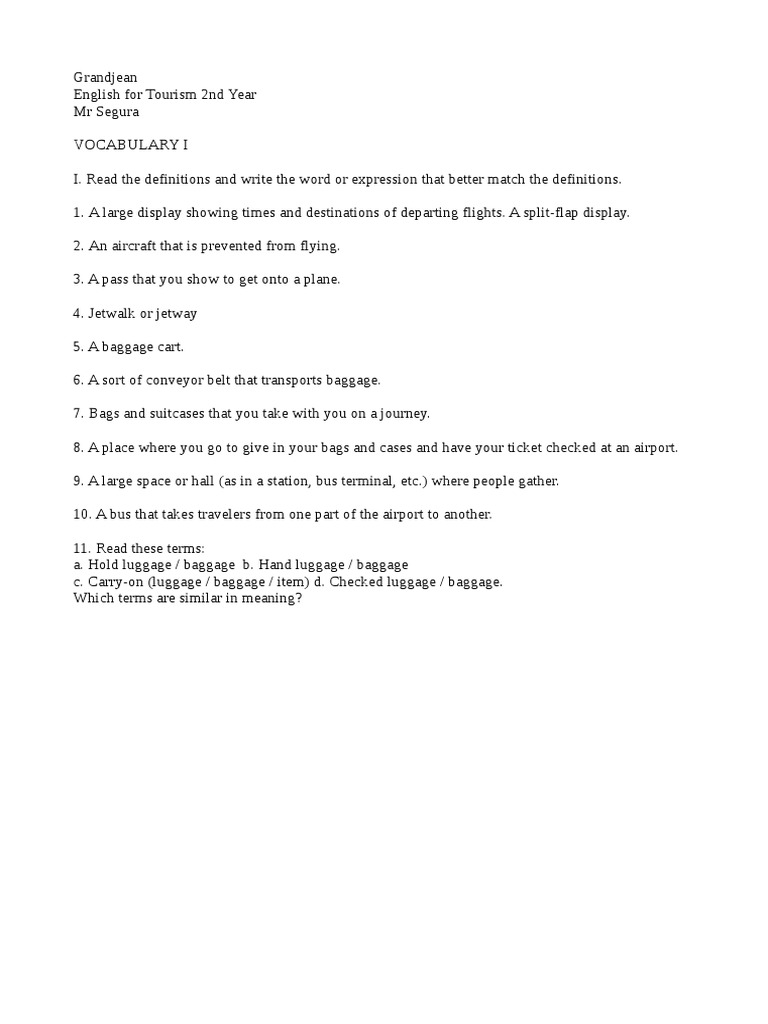 Vocabulary 1 English For Tourism | PDF