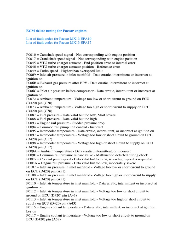 List of Fault Codes For Paccar MX13 EPA10 List of Fault Codes For