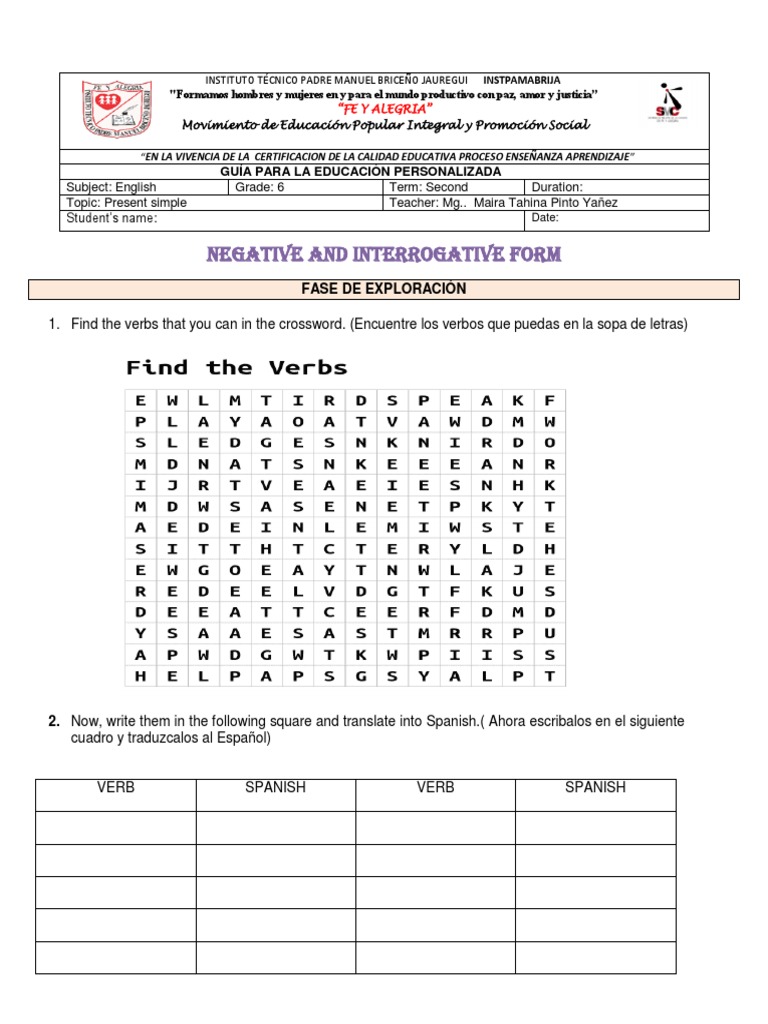 Guia Grado 6 Present Simple Negative and Interrogative Form Colmabrija ...