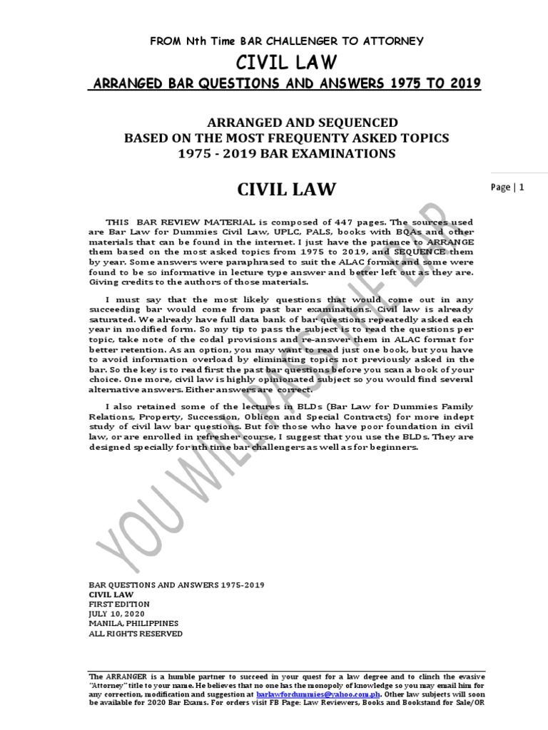 Comprehensive Collection of Civil Law Bar Questions and Answers