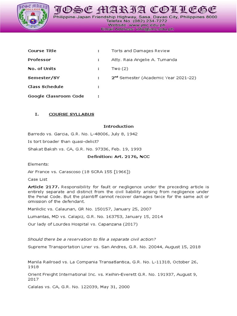 Torts and Damages Course Syllabus | PDF | Negligence | Tort