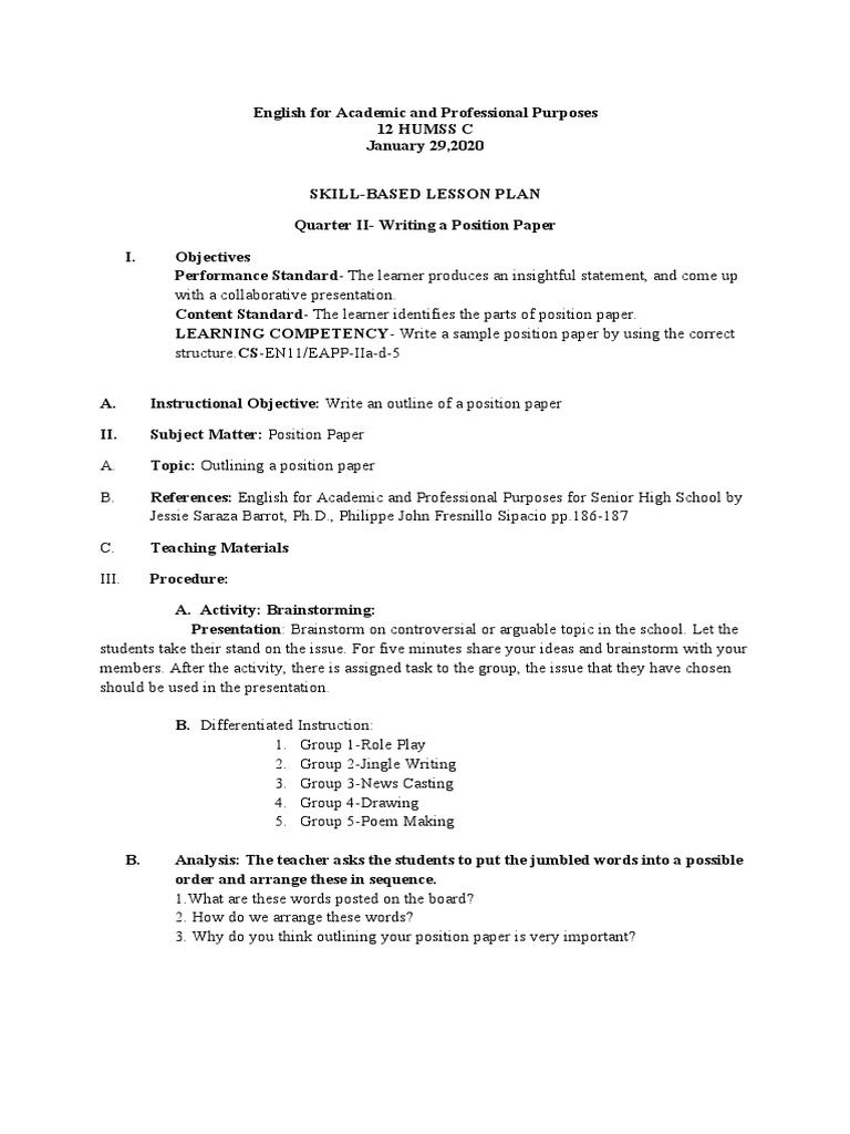 Position Paper Writing Guide for Students | PDF | Lesson Plan | Cognition