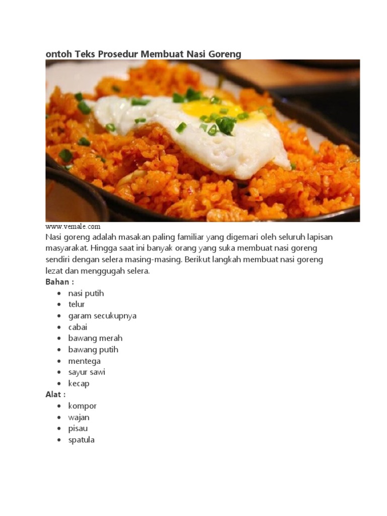 Teks Prosedur Membuat Nasi Goreng | PDF | Memasak, Makanan, & Anggur