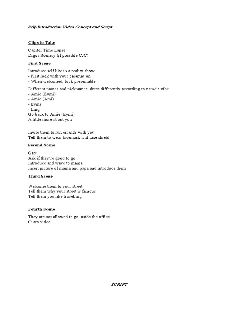 Clips To Take: Self-Introduction Video Concept and Script | PDF ...