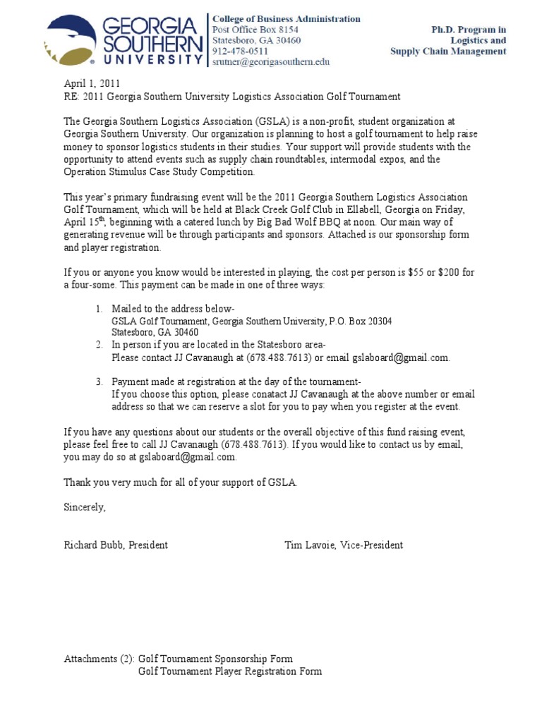 GSLA Golf Tournament Sponsorship Letter | PDF
