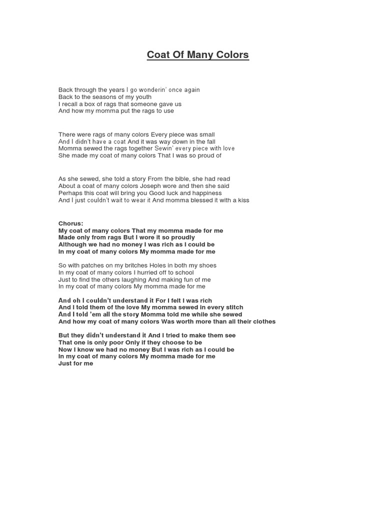 Lyrics - Coat of Many Colors by Dolly Parton | PDF
