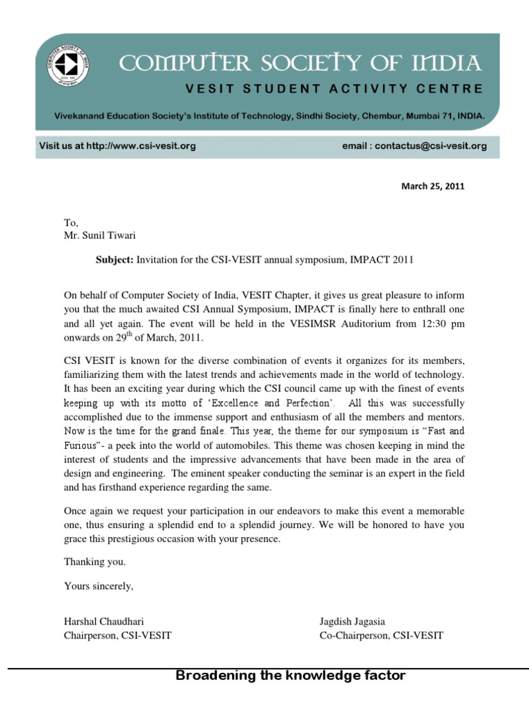 Invitation to CSI-VESIT IMPACT 2011 | PDF