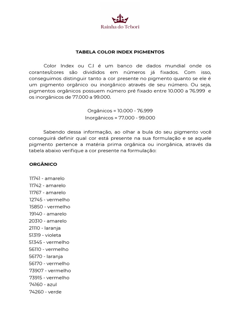 Tabela de Cores e Pigmentos CI | PDF | Vermelho | Pigmento