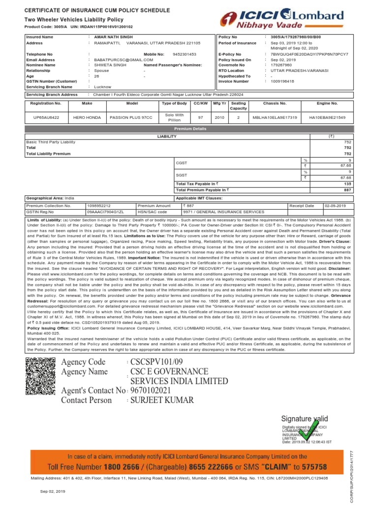 Two-Wheeler Insurance Details | PDF | Insurance | Driver's License