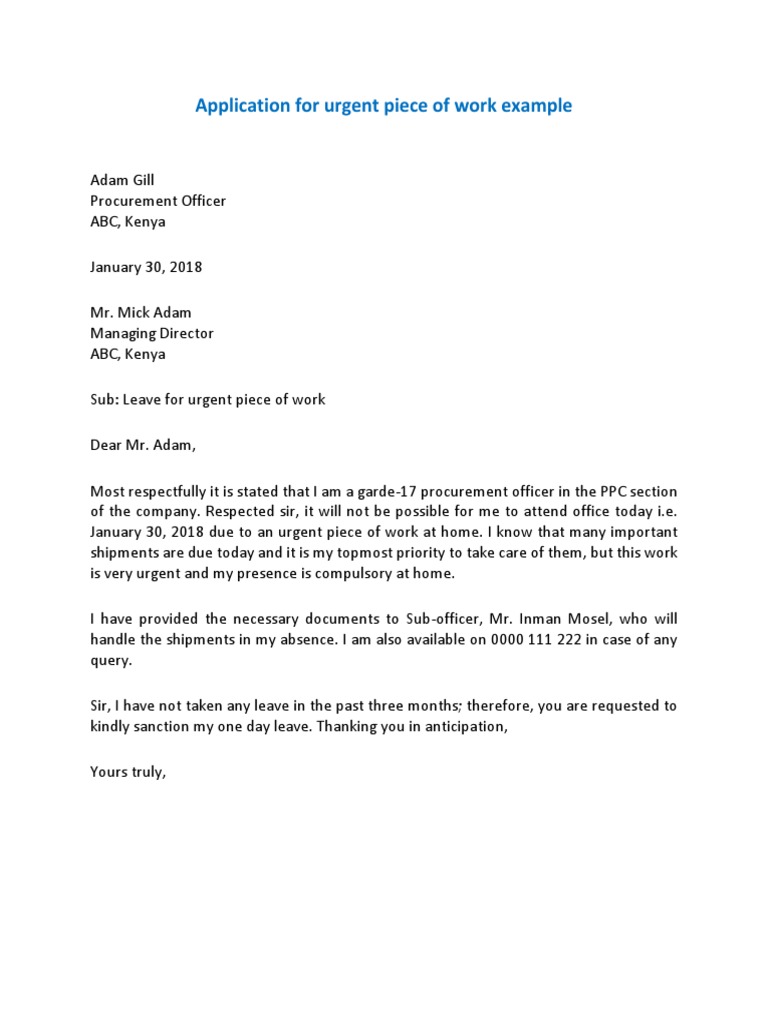 Application For Urgent Piece of Work Example PDF