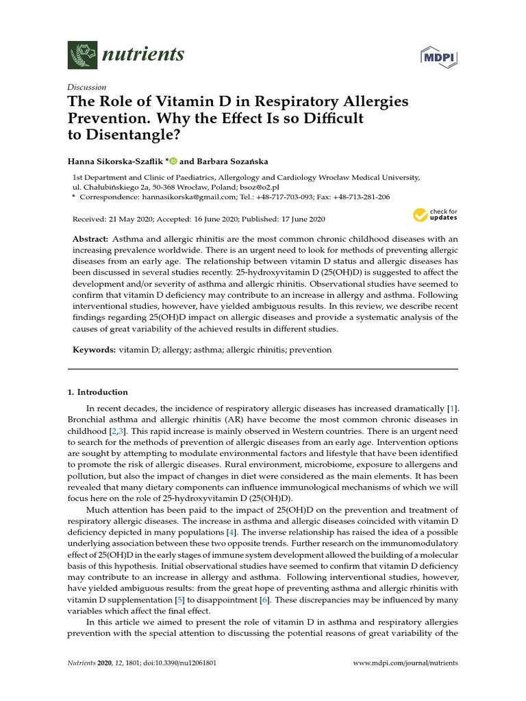 Nutrients The Role of Vitamin D in Respiratory Allergies Prevention. Why The E To Disentangle