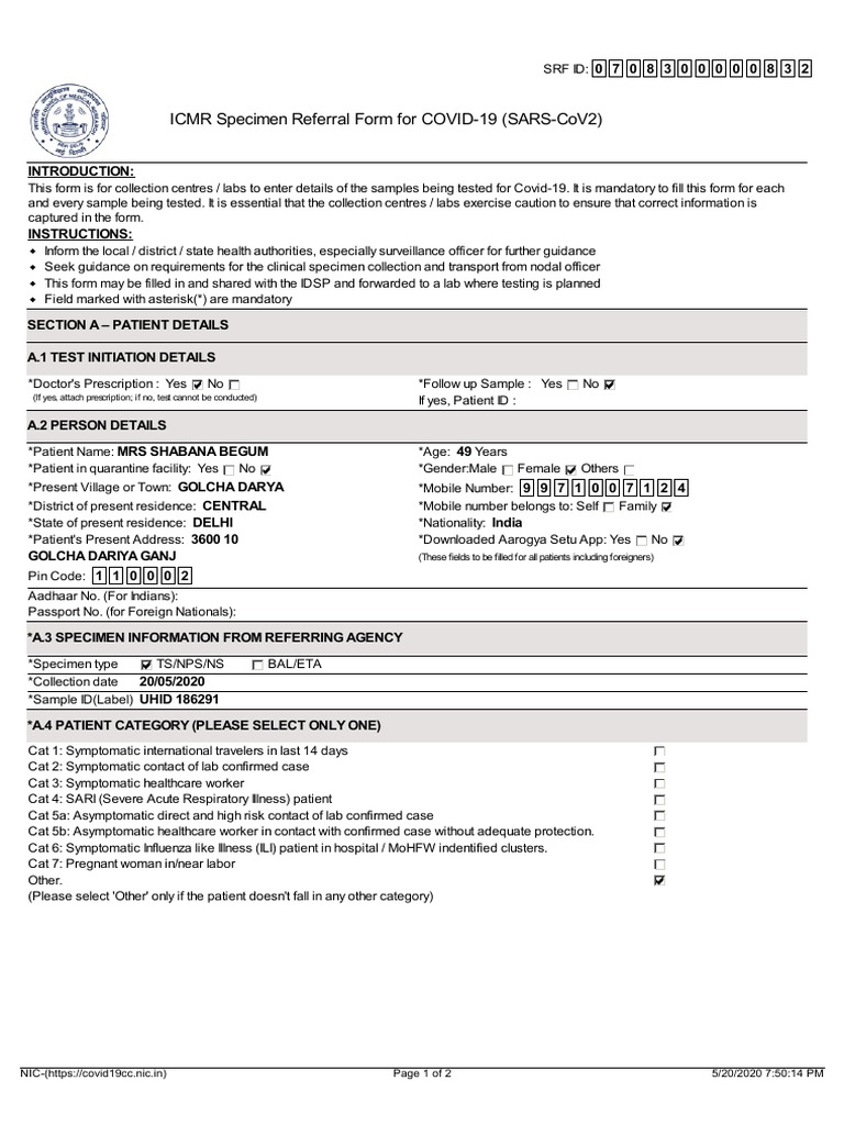 Icmr Specimen Referral Form For Covid-19 (Sars-Cov2) : (If Yes, Attach ...