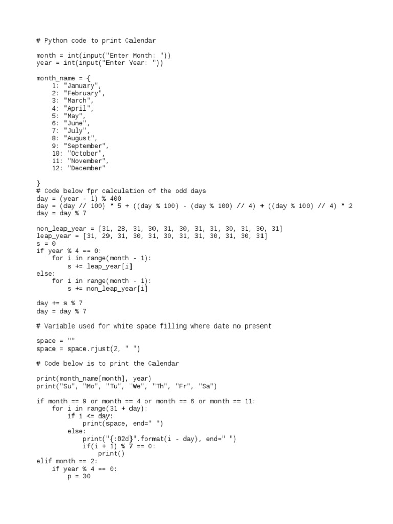 Python Calendar Printing Code | PDF