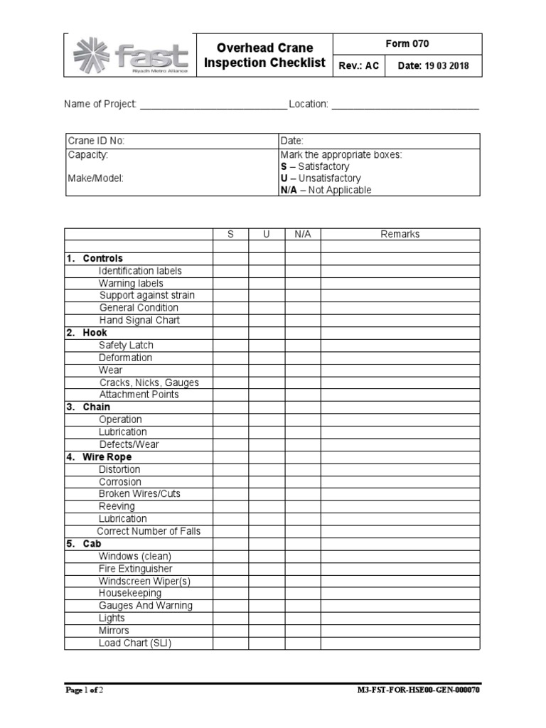 Form070Overhead Crane Inspection Checklist PDF