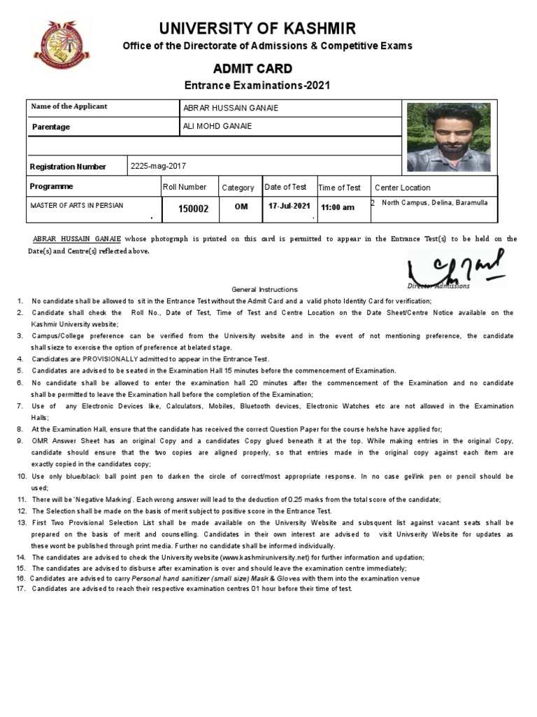 University of Kashmir Admit Card PDF