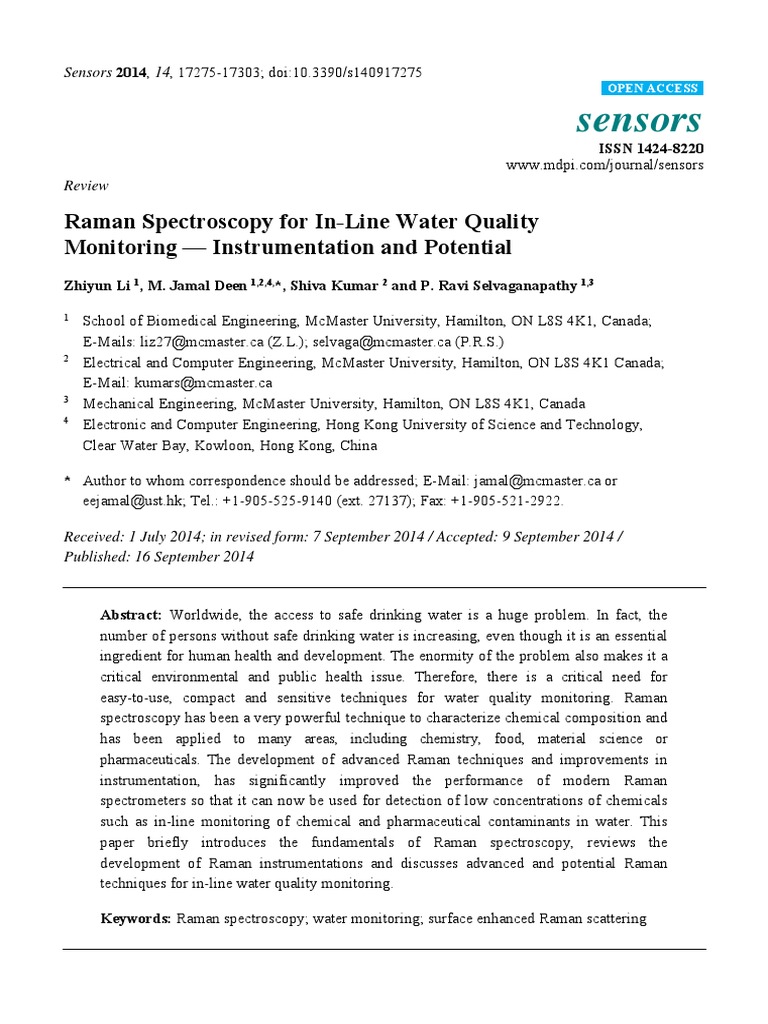 Sensors Raman Spectroscopy For InLine Water Quality Monitoring