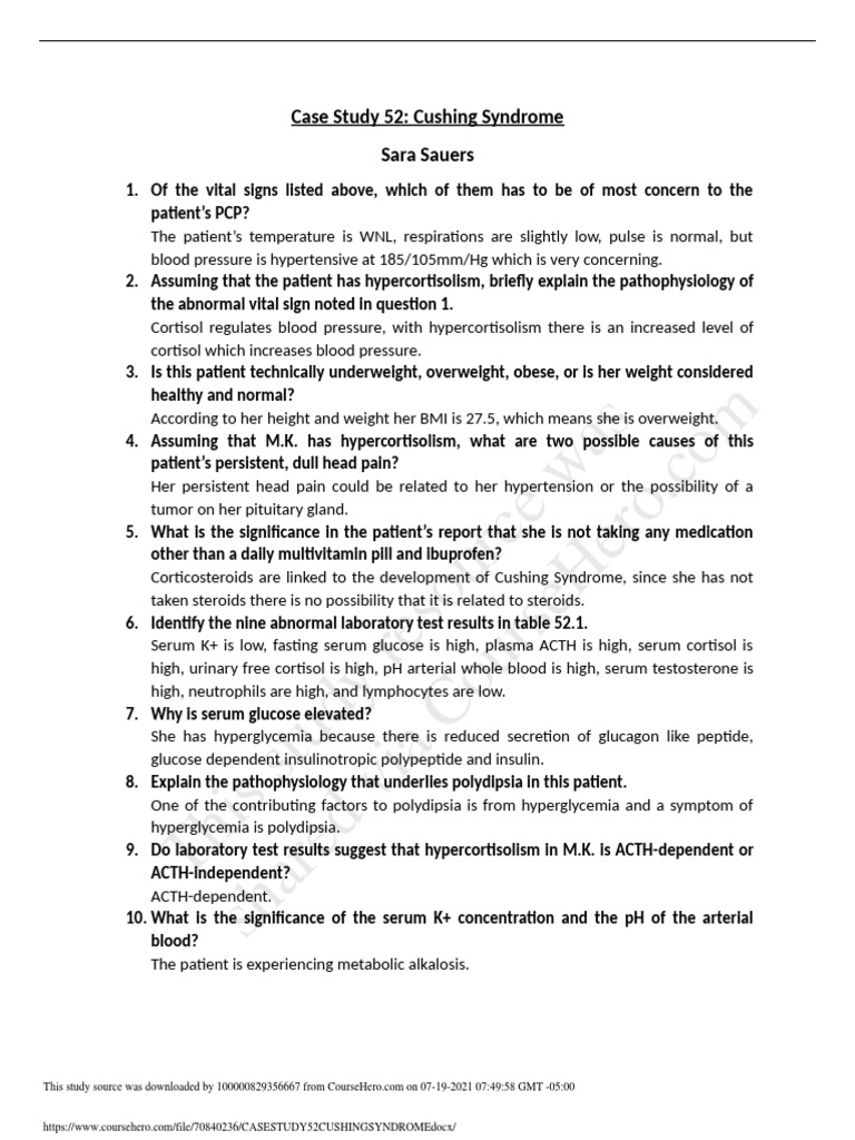 This Study Resource Was: Case Study 52: Cushing Syndrome Sara Sauers ...