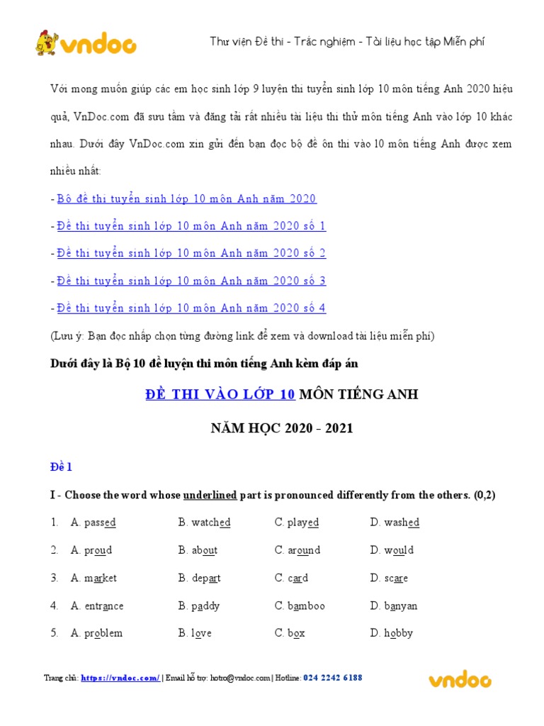 10 de Luyen Thi Vao Lop 10 Mon Tieng Anh | PDF