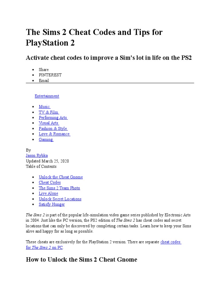 The Sims 2 Cheat Codes and Tips For PlayStation 2 PDF Cheating In