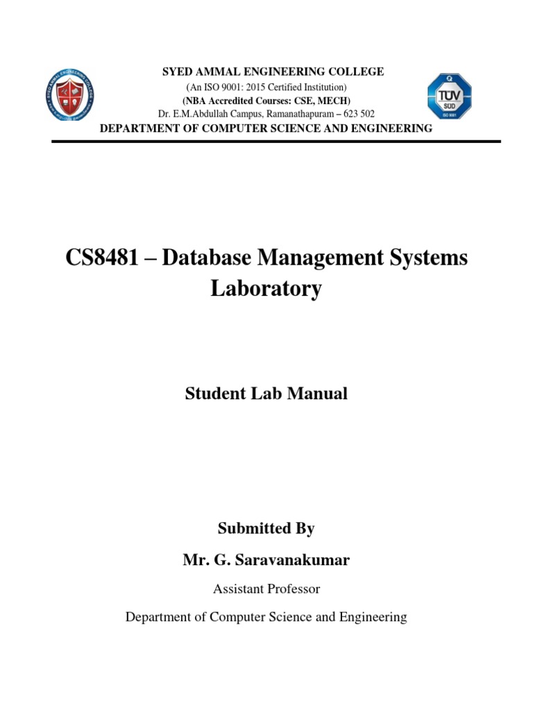 CS8481 Database Management Systems Laboratory Student Lab Manual