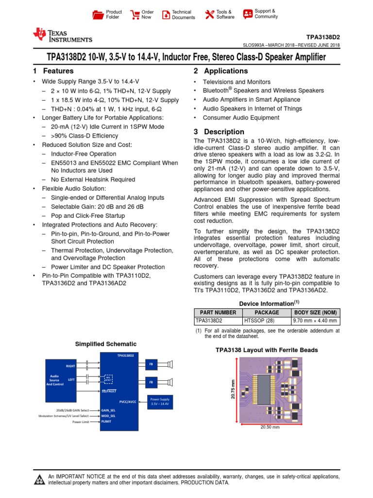 TPA3138D2 10-W, 3.5-V To 14.4-V, Inductor Free, Stereo Class-D Speaker ...