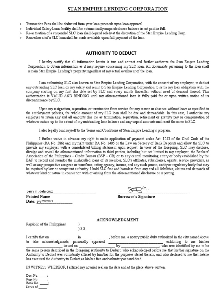SLC Loan Authorization Agreement | PDF | Loans | Finance & Money Management
