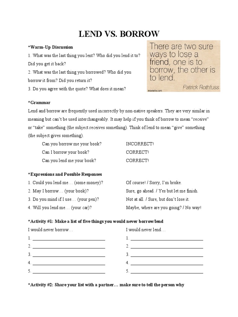 Lend Vs Borrow Warm Up Discussion Pdf Cognition Linguistics