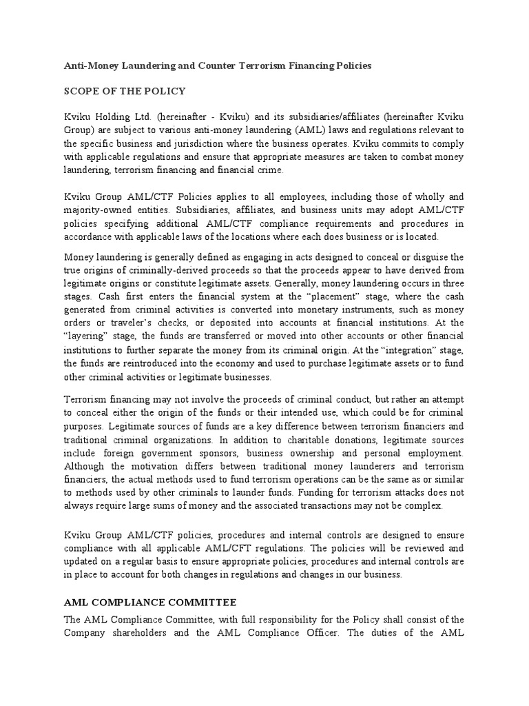 AntiMoney Laundering and Counter Terrorism Financing Policies Scope of
