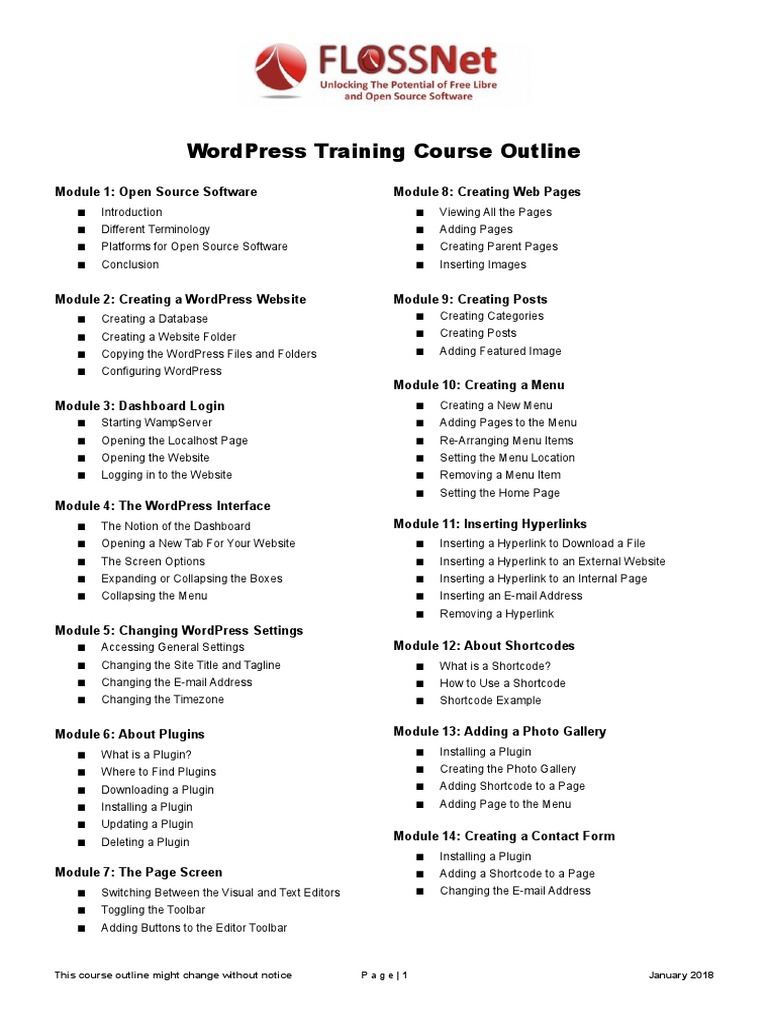 Wordpress Training Course Outline Pdf Word Press Websites