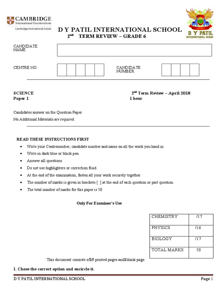 Term 2 - Grade - VI - Science - P1 2018 | PDF | Force | Water
