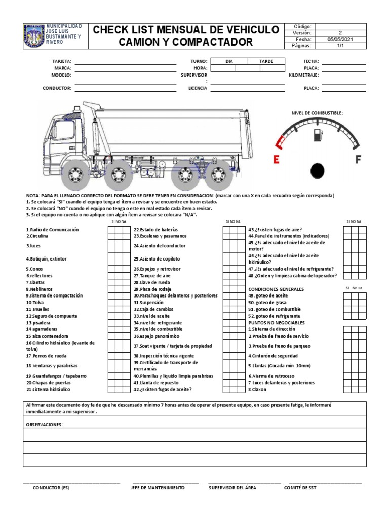 Check List Mensual Camión Compactador | PDF | Vehículos de ruedas ...
