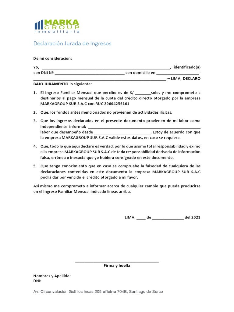 Declaración Jurada de Ingresos 2021 | PDF