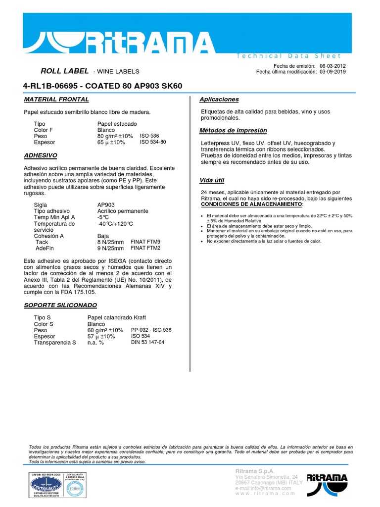 Fichas Técnicas de Papel Adhesivo Ritrama | PDF | Papel