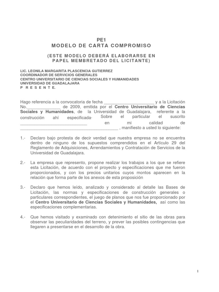 Formato de carta compromiso de arrendamiento de maquinaria