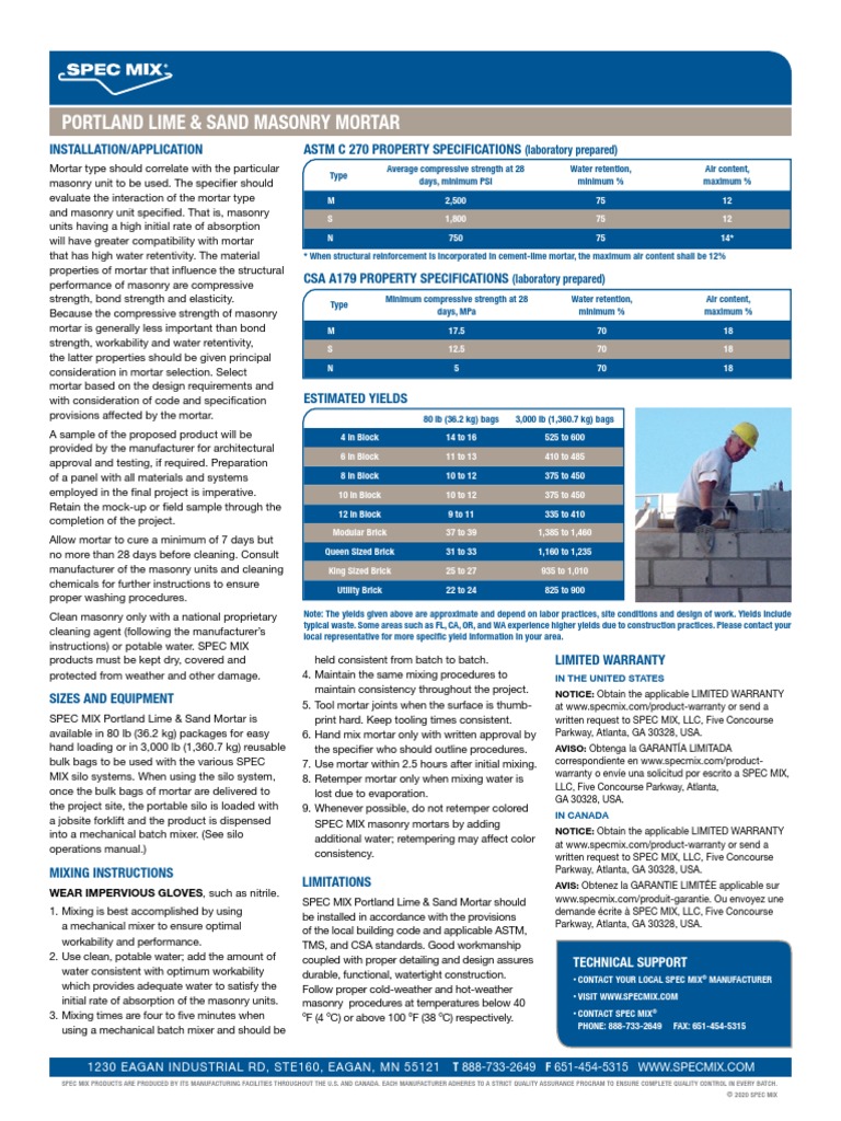 Portland Lime & Sand Masonry Mortar Installation/Application Astm C