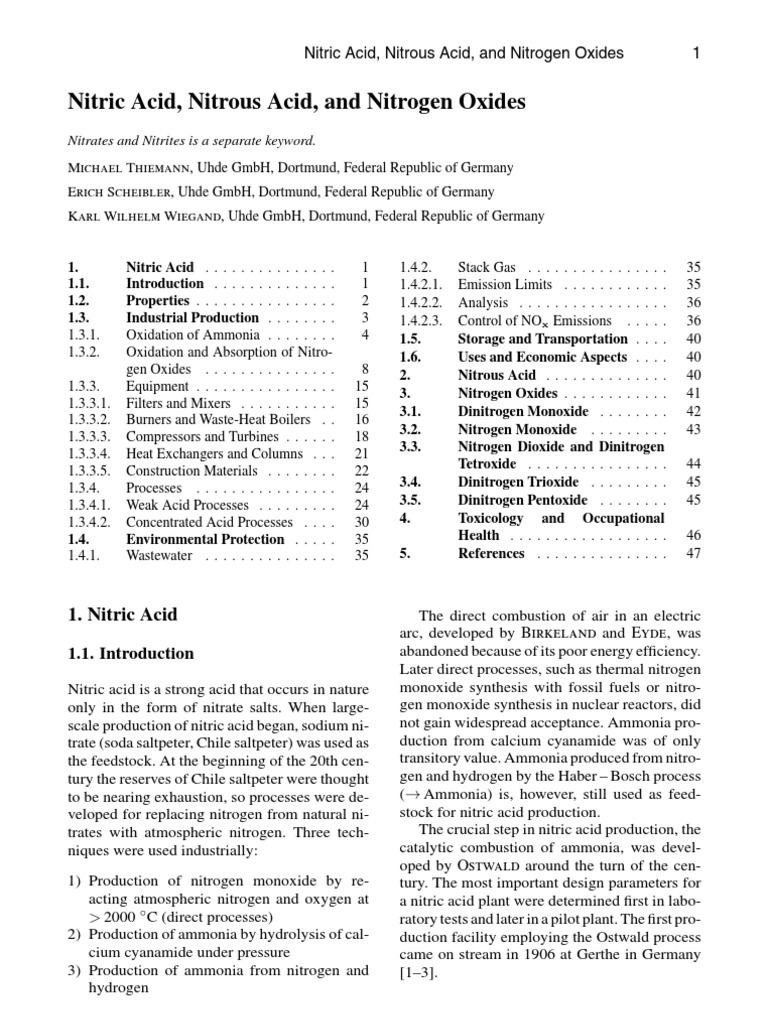 Nitric Acid Nitrous Acid Nitrogen Oxides Ullman's Encyclopedia