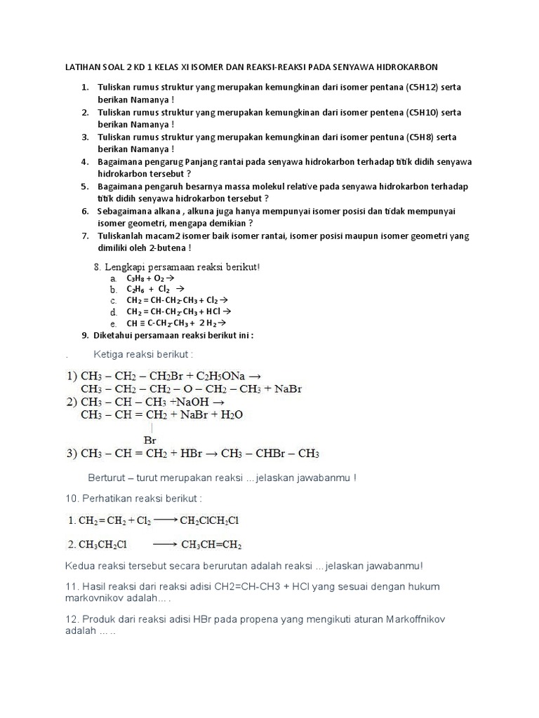 Latihan Soal 2 Kd 1 Kelas Xi Isomer Dan Reaksi Pdf