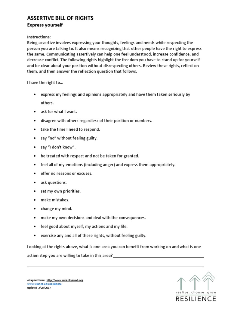 Assertive Bill of Rights Worksheet | PDF | Self-Improvement | Lifestyle