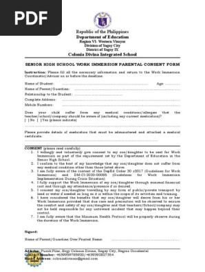 Work Immersion Parent Consent Form